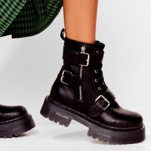 NEW IN BOX- Nasty Gal Faux Leather Chunky Combat Boots with buckles